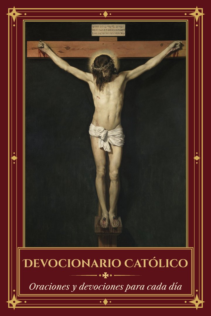 Portada del Devocionario Católico: Cristo crucificado, pintura de Diego Velázquez, en un marco dorado sobre fondo color vino.